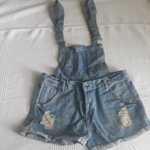 Distressed Denim Overall Shorts